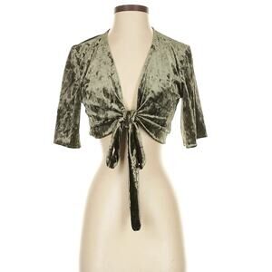 Don’t Ask‎ Why Velvet Crop Top Womens One Size Green Tie Front Boho Festival